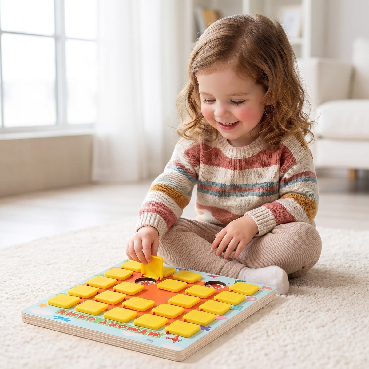 A smiling child sits on a soft rug and lifts one of the yellow flaps on the memory game board