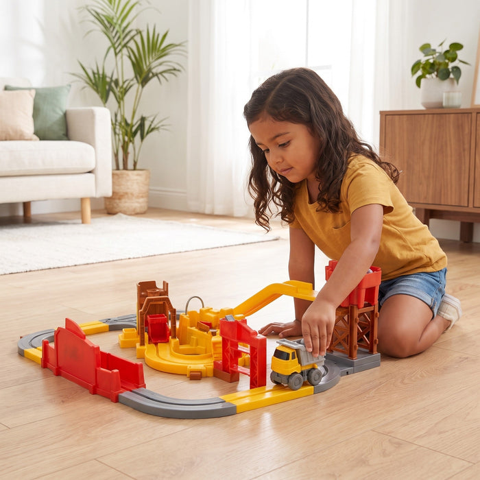 A child kneels on a wooden floor pushing a small yellow truck along the track under the red loading station
