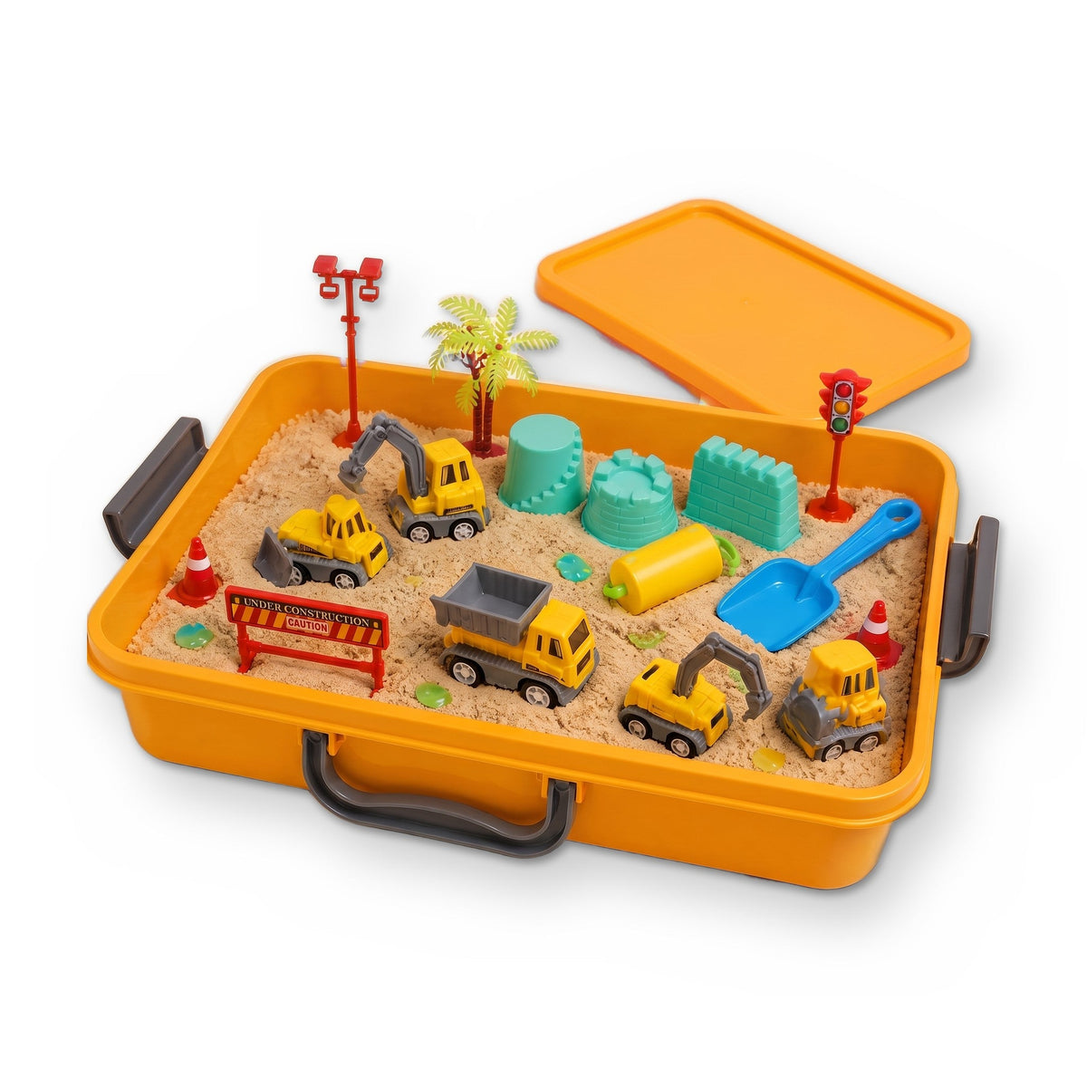 Sandlab Sensory Sand Bin: an orange carry case of sand with toy construction trucks, castle molds, a shovel and road signs