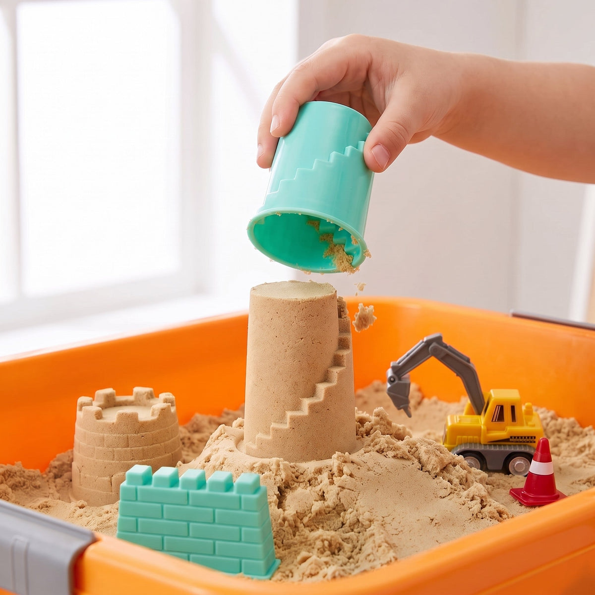 A child's hand lifts a tower mold off a sand tower with stairs, next to a sand castle, a wall mold, a toy digger and a cone