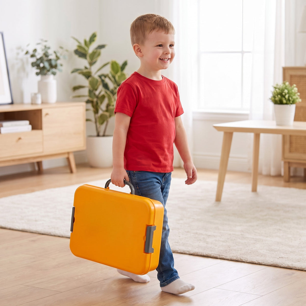 A smiling child carries the closed orange sand bin by its handle like a small suitcase
