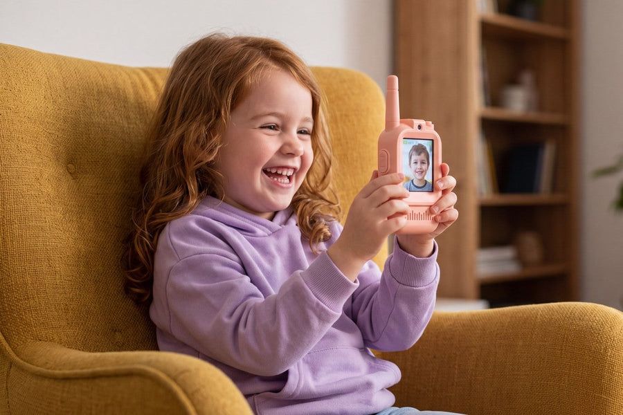 A child playing with the SnapTalk Duo walkie-talkies