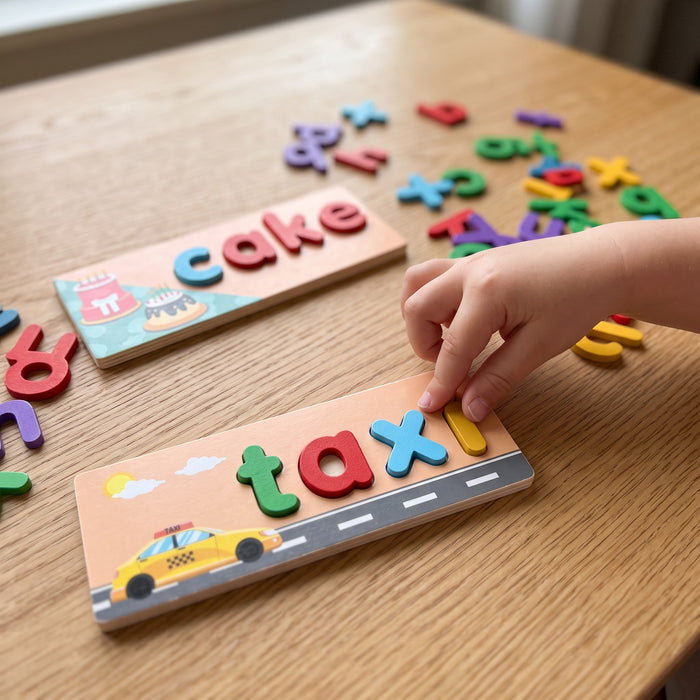 A child's hand adds the letter i to spell taxi on a picture card, next to a finished cake card and loose letters