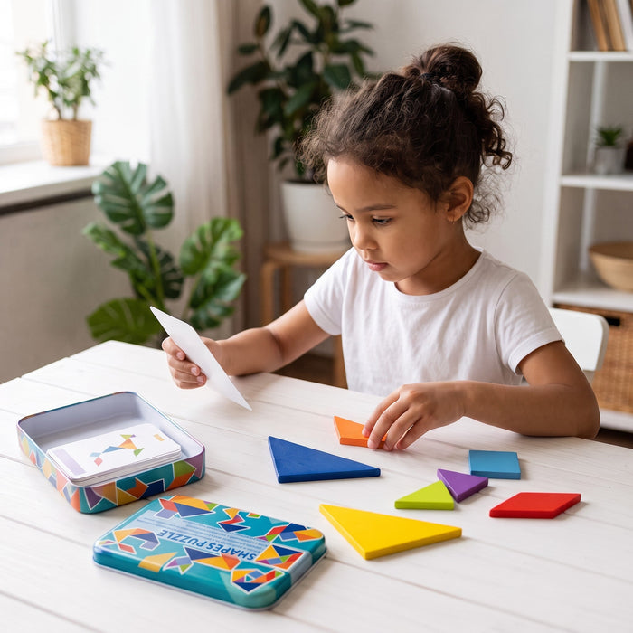 A child at a white table holds a card in one hand and moves a wooden piece with the other, next to the open tin