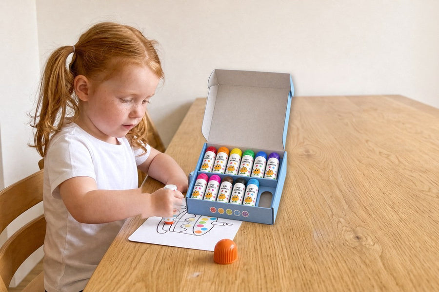 A child playing with the TinyDots dot markers