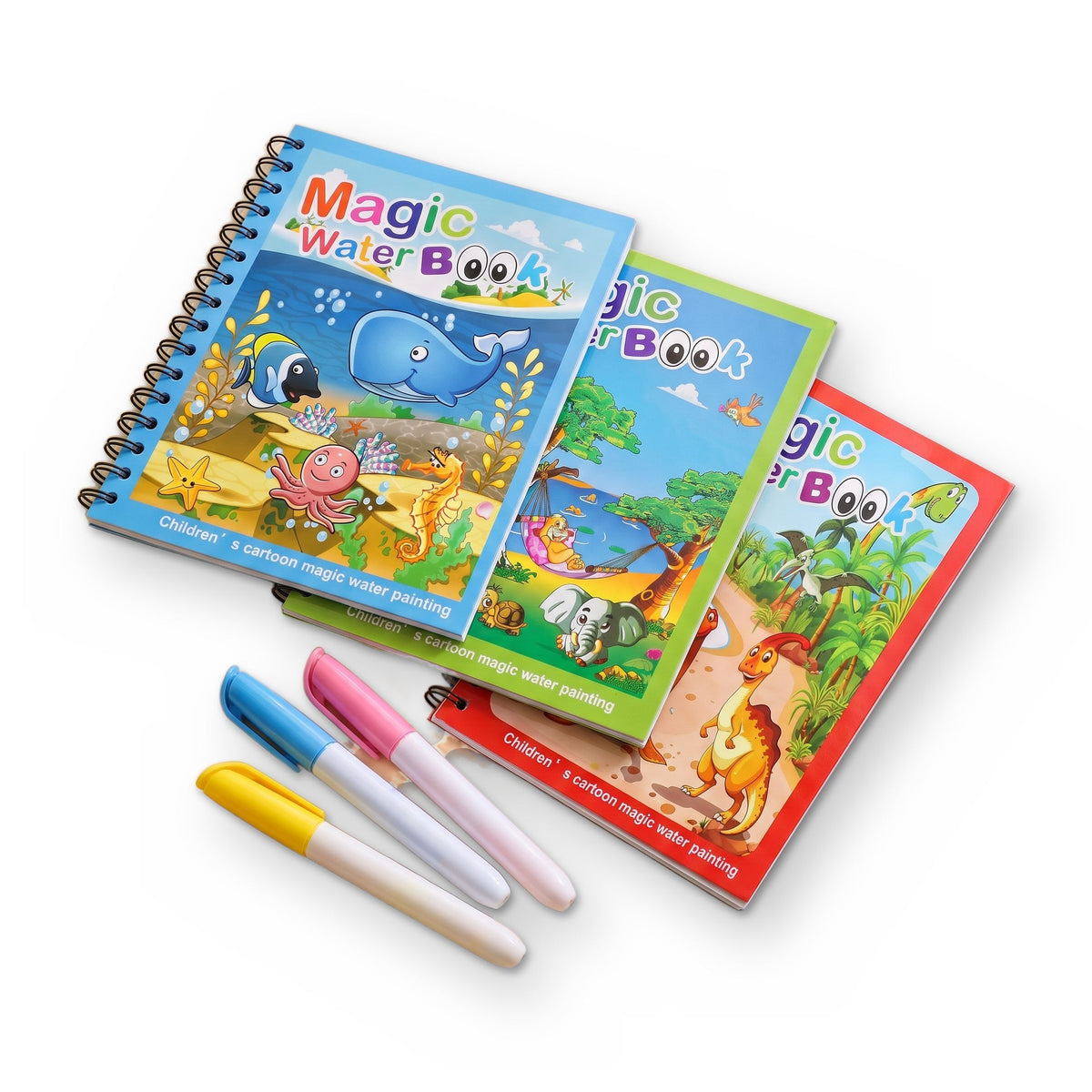 Magical Water Drawing Book: three spiral-bound books with sea life, wild animal and dinosaur covers, and three water pens