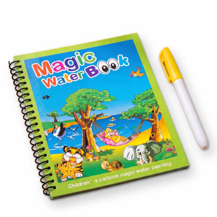 The green animal book, with an elephant, a tiger and a turtle by a lake on the cover, next to a water pen with a yellow cap